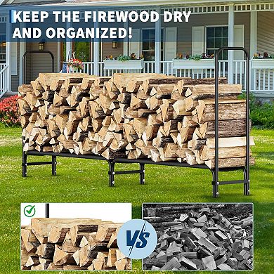 4/8FT Firewood Rack Stand Heavy Duty Wood Storage Holder with Fabric Mesh Black