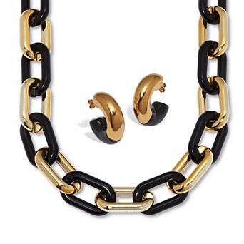 PalmBeach Jewelry Acrylic Link Necklace Black and Gold Ion-Plated Stainless Steel Earrings Set
