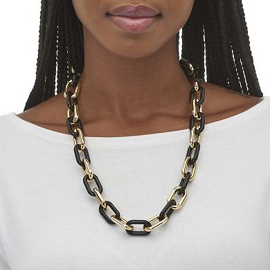 PalmBeach Jewelry Acrylic Link Necklace Black and Gold Ion-Plated Stainless Steel Earrings Set