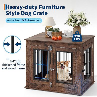31.5" Dog Crate Furniture Heavy Duty Wooden Anti-Chew Kennel Dog House Cage with Double Doors