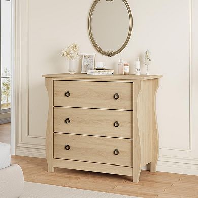 3-Drawer Dresser with Metal Ring Pulls, Modern Wood Storage for Bedroom & Entryway