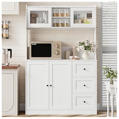 Kitchen Pantry Cabinet with Microwave Shelf, Freestanding Hutch Cabinet with 3 Drawers