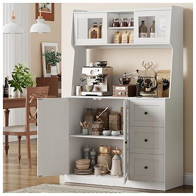 Kitchen Pantry Cabinet with Microwave Shelf, Freestanding Hutch Cabinet with 3 Drawers