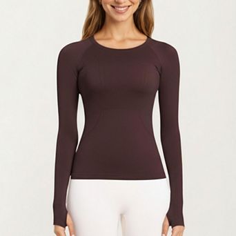 Womens's Seamless Long Sleeve Fitted Top with Thumbhole Cuffs and Crew Neck