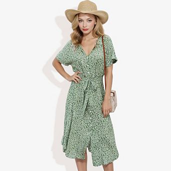 Women's Collar V-Neck Button Down Floral Print High Low Dolman Short Sleeve Midi Fashion Dress