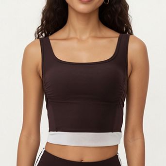 Womens's Square Neck Cropped Active Tank Top with Contrast Elastic Hem