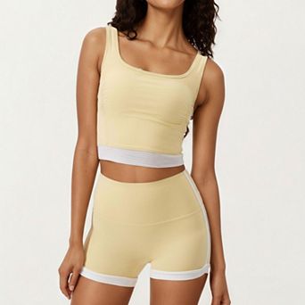 Womens's Square Neck Cropped Active Tank Top with Contrast Elastic Hem