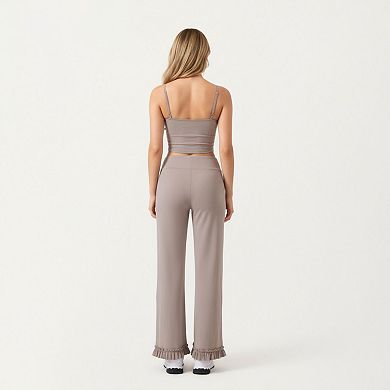 Womens's High Waist Wide Leg Sweatpants with Ruffle Hem Detail