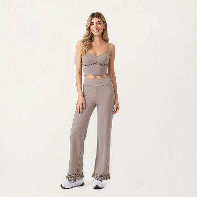 Womens's High Waist Wide Leg Sweatpants with Ruffle Hem Detail