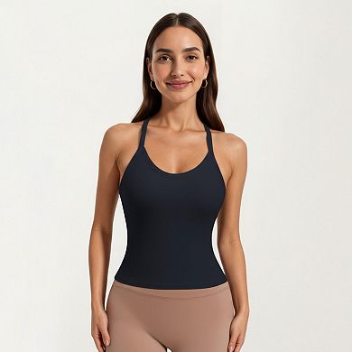 Womens's Fitted Strappy Back Tank Top with Scoop Neck and Cross Back Design