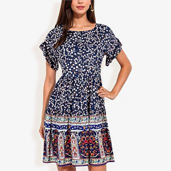 Women's Bohemian Floral Print Short Sleeve Swing Fashion Dress With Crew Neckline