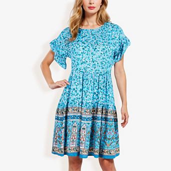 Women's Bohemian Floral Print Short Sleeve Swing Fashion Dress With Crew Neckline
