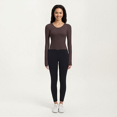 Womens's Ribbed Long Sleeve Fitted Top with Crew Neck and Thumbhole Cuffs