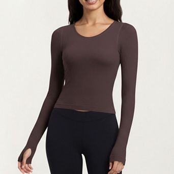 Womens's Ribbed Long Sleeve Fitted Top with Crew Neck and Thumbhole Cuffs