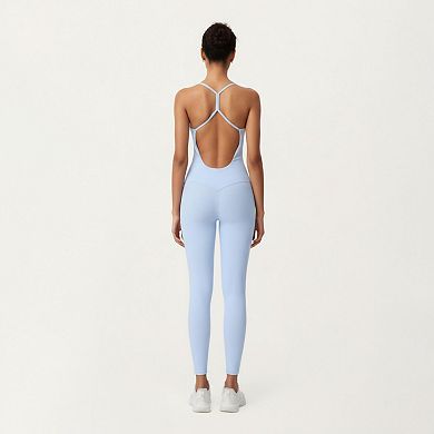 Womens's Scoop Neck Full-Length Activewear Bodysuit with Spaghetti Straps