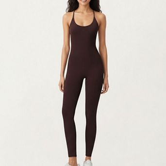 Womens's Scoop Neck Full-Length Activewear Bodysuit with Spaghetti Straps