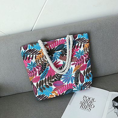 Women's Tropical Leaf Print Canvas Tote Bag - Large Capacity Shoulder Bag