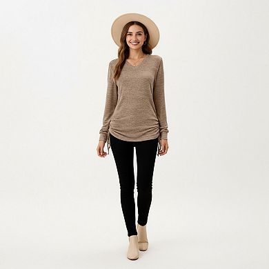 Women's Long Sleeve V-Neck Top with Side Drawstring Ruched Hem
