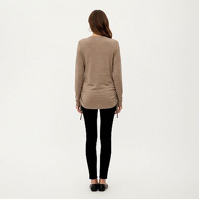 Women's Long Sleeve V-Neck Top with Side Drawstring Ruched Hem