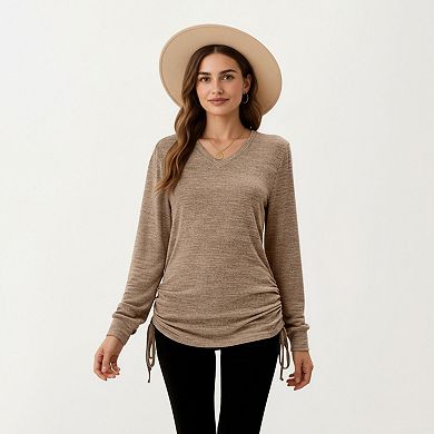 Women's Long Sleeve V-Neck Top with Side Drawstring Ruched Hem