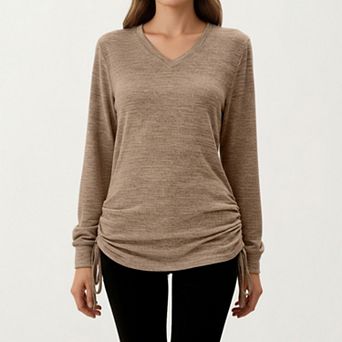 Women's Long Sleeve V-Neck Top with Side Drawstring Ruched Hem