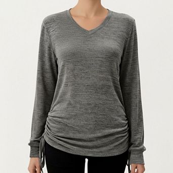 Women's Long Sleeve V-Neck Top with Side Drawstring Ruched Hem