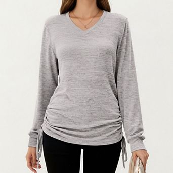 Women's Long Sleeve V-Neck Top with Side Drawstring Ruched Hem