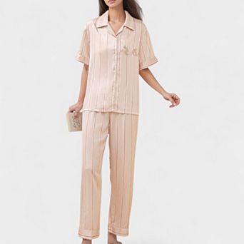 Womens's Striped Pajama Set with Bunny Detail Short Sleeve Button-Up Top and Full-Length Pants
