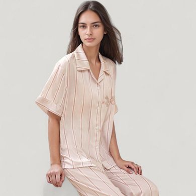 Womens's Striped Pajama Set with Bunny Detail Short Sleeve Button-Up Top and Full-Length Pants