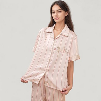 Womens's Striped Pajama Set with Bunny Detail Short Sleeve Button-Up Top and Full-Length Pants