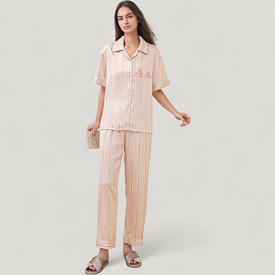 Womens's Striped Pajama Set with Bunny Detail Short Sleeve Button-Up Top and Full-Length Pants