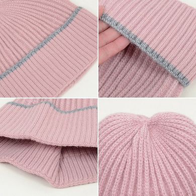 Women's Ribbed Knit Beanie Hat with Contrast Trim and Folded Cuff