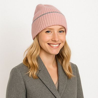 Women's Ribbed Knit Beanie Hat with Contrast Trim and Folded Cuff