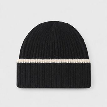 Women's Ribbed Knit Beanie Hat with Contrast Trim and Folded Cuff