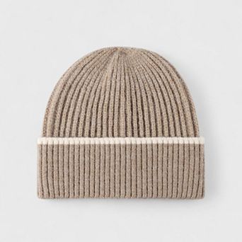 Women's Ribbed Knit Beanie Hat with Contrast Trim and Folded Cuff