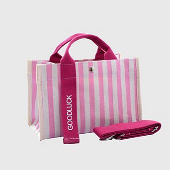 Women's Striped Canvas & Nylon Tote Bag - Multi - functional Shoulder Bag