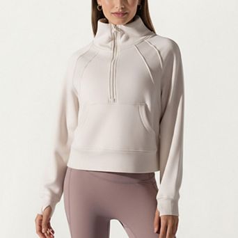 Womens's Long Sleeve Half Zip Pullover Sweatshirt with High Collar and Kangaroo Pocket