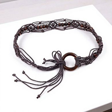 Women's Woven Rope Belt with Large Circular Buckle and Bohemian Knot Detail 49in