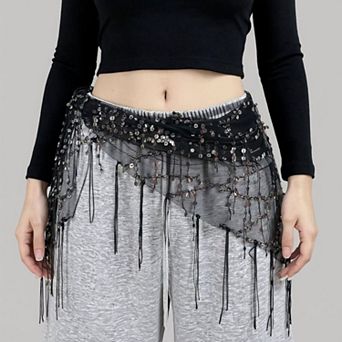 Women's Sheer Mesh Sequin Fringe Hip Scarf Belt Wrap with Asymmetrical Hem 59 in