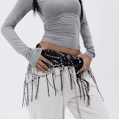 Women's Sheer Mesh Sequin Fringe Hip Scarf Belt Wrap with Asymmetrical Hem 59in