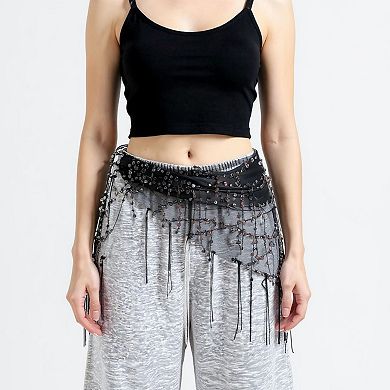 Women's Sheer Mesh Sequin Fringe Hip Scarf Belt Wrap with Asymmetrical Hem 59in