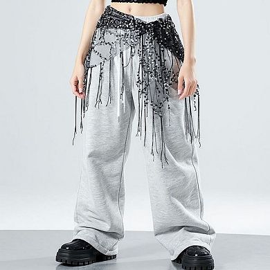 Women's Sheer Mesh Sequin Fringe Hip Scarf Belt Wrap with Asymmetrical Hem 59in