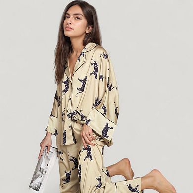 Womens's Cat Print Satin Pajama Set Long Sleeve Button-Up Top with Elastic Waist Full-Length Pants