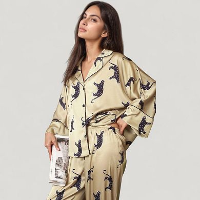 Womens's Cat Print Satin Pajama Set Long Sleeve Button-Up Top with Elastic Waist Full-Length Pants