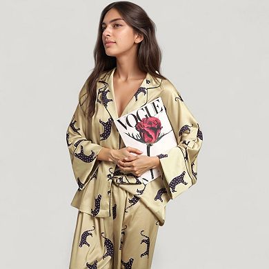 Womens's Cat Print Satin Pajama Set Long Sleeve Button-Up Top with Elastic Waist Full-Length Pants