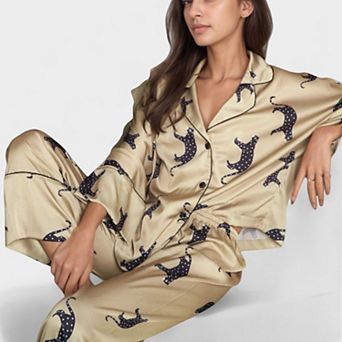 Womens's Cat Print Satin Pajama Set Long Sleeve Button-Up Top with Elastic Waist Full-Length Pants