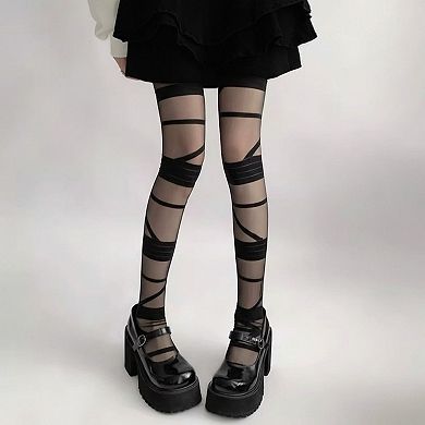 Women's Sheer Tights with Wrapped Ribbon Illusion and Gothic Layered Design