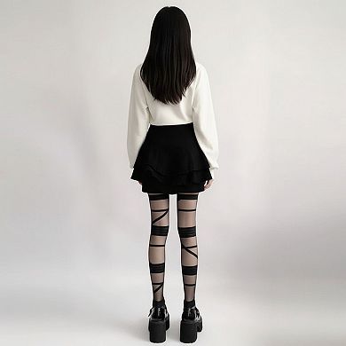 Women's Sheer Tights with Wrapped Ribbon Illusion and Gothic Layered Design