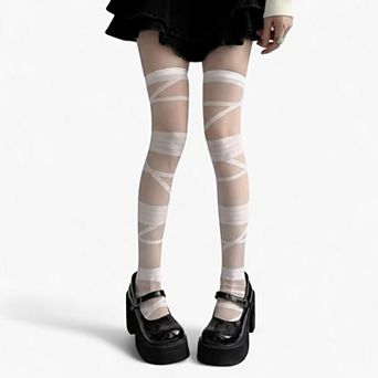 Women's Sheer Tights with Wrapped Ribbon Illusion and Gothic Layered Design