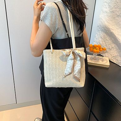 Women's Straw Woven Tote Bag with Bow Accent - Lightweight Summer Shoulder Bag